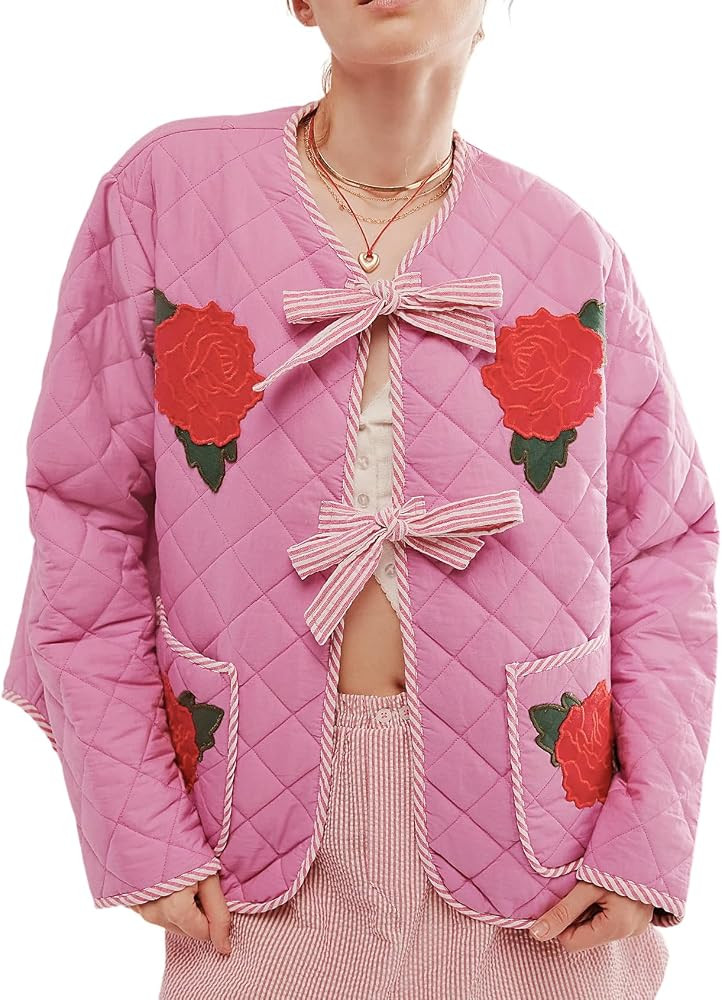 Arssm Women's Cropped Puffer Quilted Jacket Lightweight Long Sleeve Padded Floral Print Puffy Car... | Amazon (US)