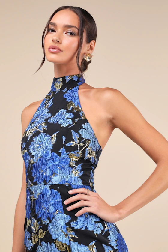 Extraordinary Impression Black Floral Jacquard Halter Mini Dress | Lulus