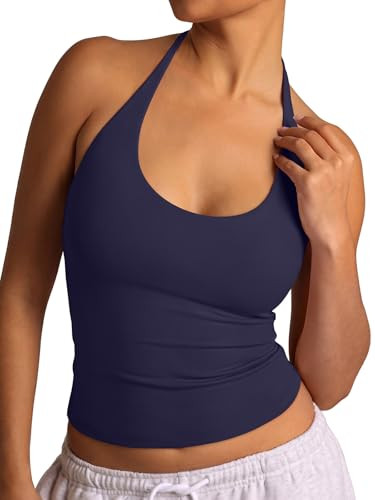 REORIA Women's Halter Tank Tops Basic Tie Scoop Neck Backless Double Lined Going Out Outfits Cute Summer Trendy Sleeveless Shirts Navy | Amazon (US)