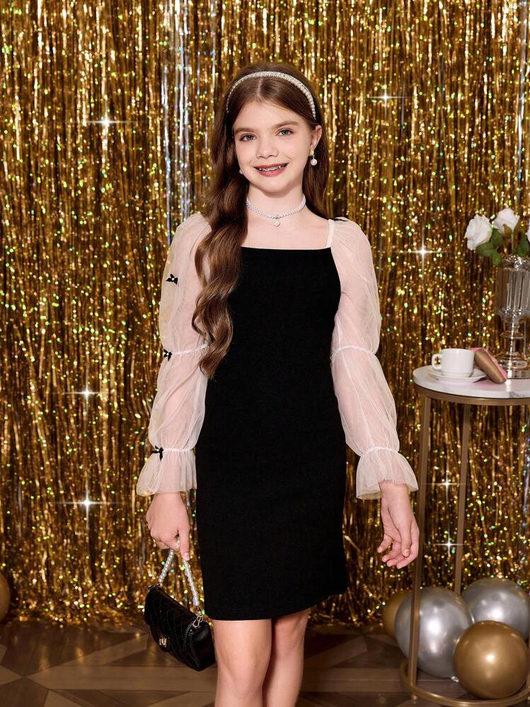 SHEIN Tween Girl Black & White Contrast Mesh Bow Decor Party Dress Suitable For Gathering, Party,... | SHEIN