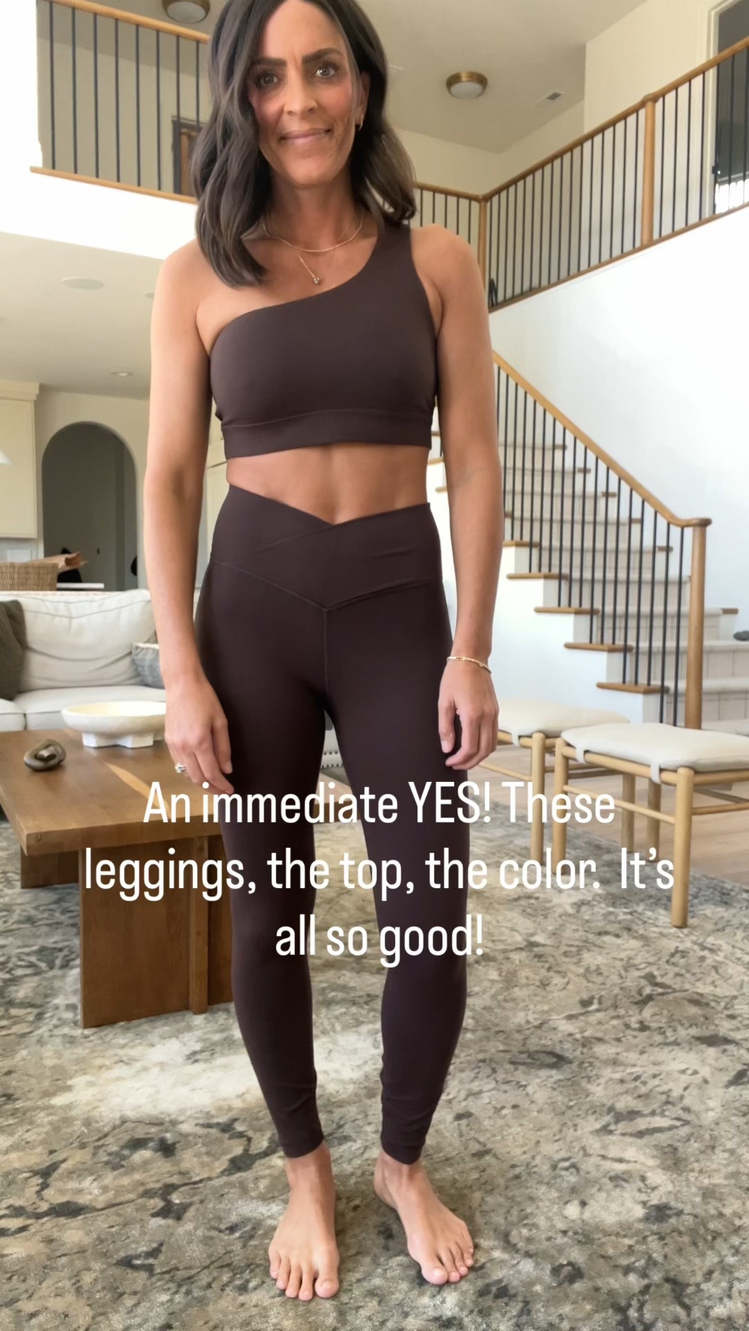 I put this on and immediately knew it was a keeper. Theleggongs are so comfortable and don’t slide up or down. Or roll. The top is so cute with the one shoulder strap but it also stays put. This color is called hot fudge brown. It’s by Crz Yoga and is a keeper. 
Wearing a small in both. 

#LTKootd #LTKOver40 #LTKActive