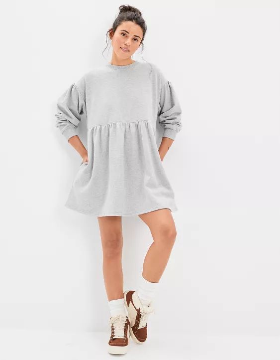 AE Long-Sleeve Fleece Babydoll Mini Dress | American Eagle Outfitters (US & CA)