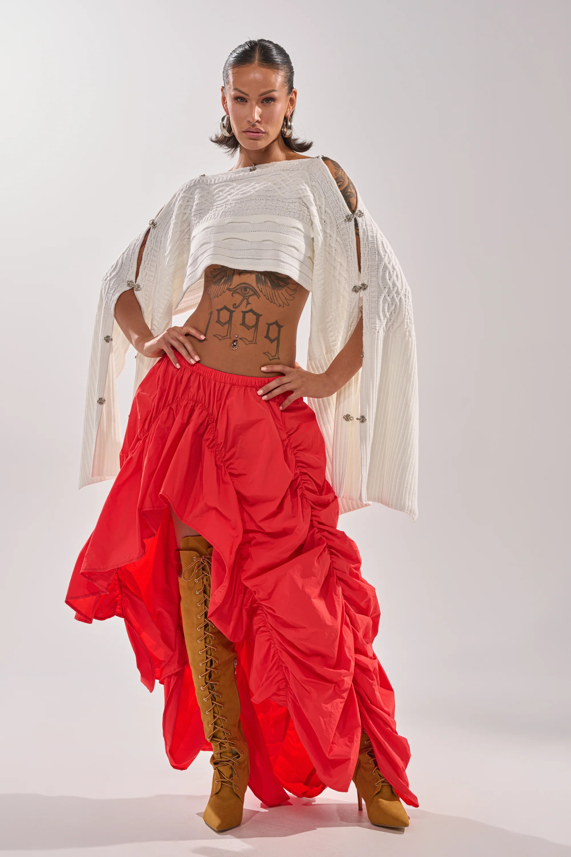 LETS CHANGE IT UP RUCHED MIDI SKIRT IN RED | AKIRA