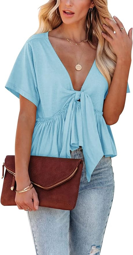 Fanway&EC Women's Short Sleeve V Neck Blouses Ruffle Hem Tie Front Crop Tops Lightweight Basic Su... | Amazon (US)