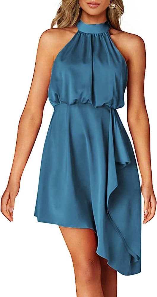 PRETTYGARDEN Women's Summer Satin Short Dress 2023 Halter Neck Irregular Hem Ruffle Mini Party Co... | Amazon (US)