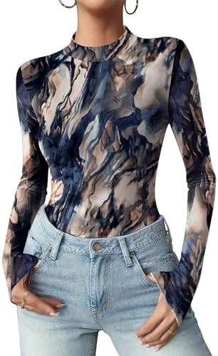 Zeagoo Womens Floral Mesh Long Sleeve Tops See Through Going Out Blouses Mock Neck Sheer Party Ou... | Amazon (US)