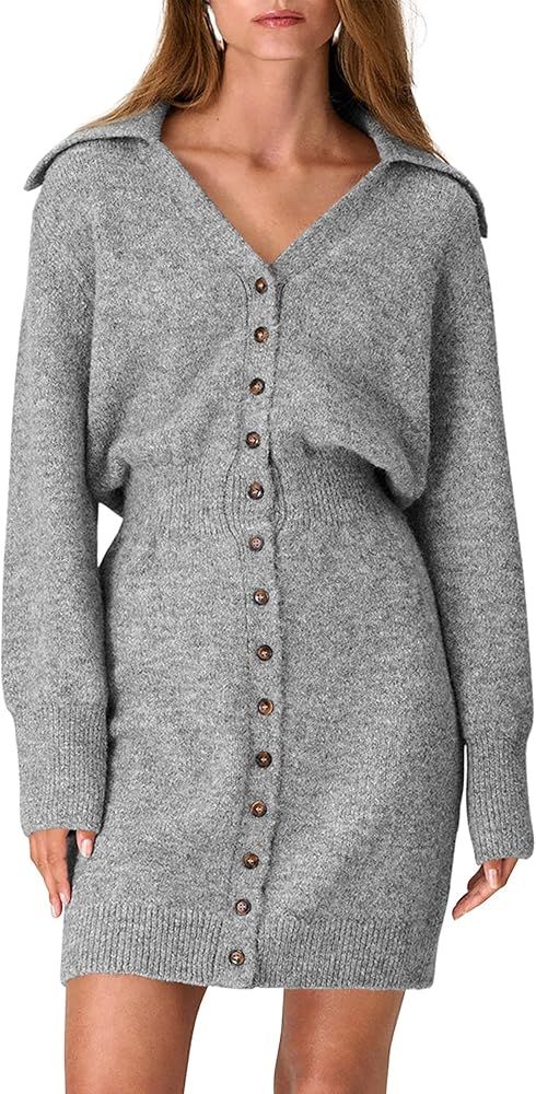 PRETTYGARDEN Womens Fall Sweater Dress Long Sleeve V Neck Button Down Knit Pullover Winter Dresse... | Amazon (US)