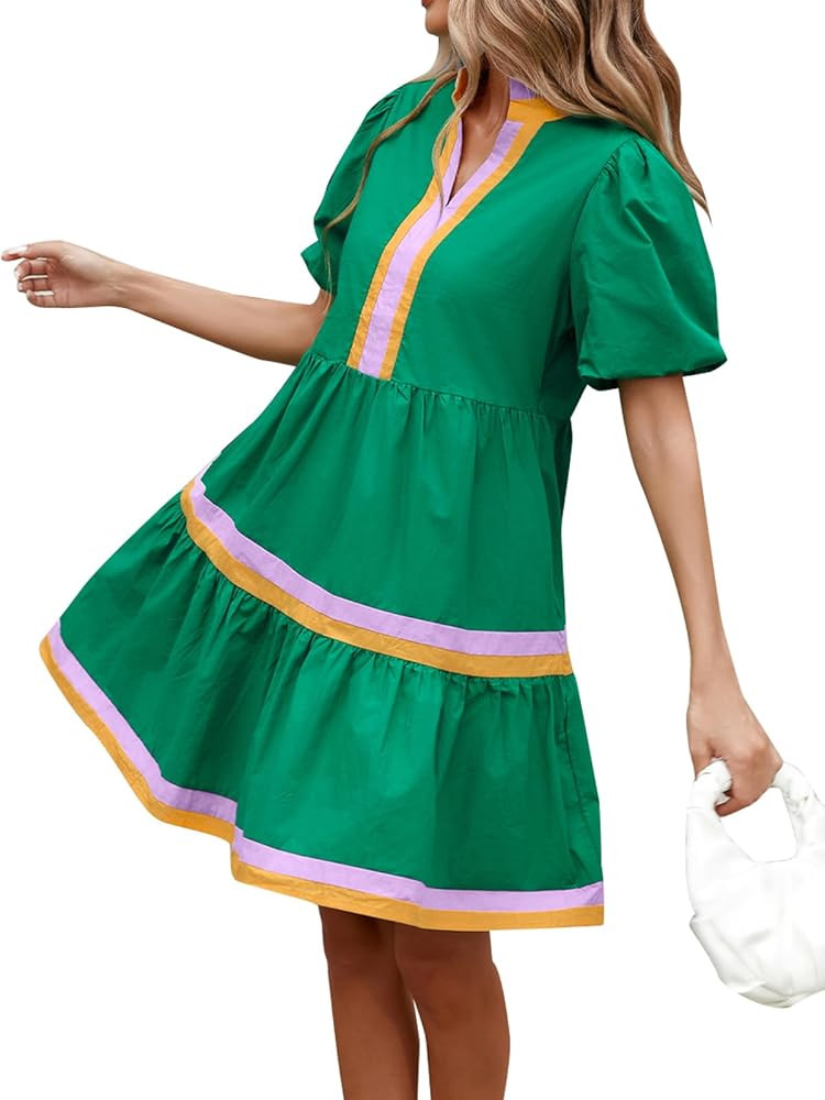 LifeShe Womens Puff Sleeve Babydoll Dress V Neck Navy Blue Striped Color Block Tiered Mini Dresse... | Amazon (US)