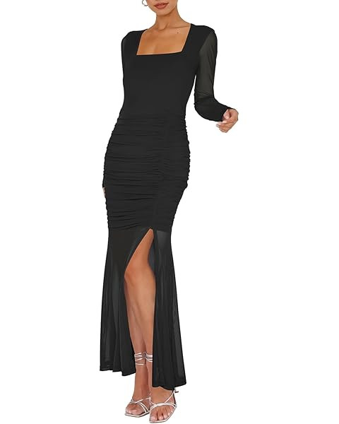 BORIFLORS Women's Ruched Bodycon Long Sleeve Maxi Dress Mesh Square Neck Cocktail Party Long Dres... | Amazon (US)