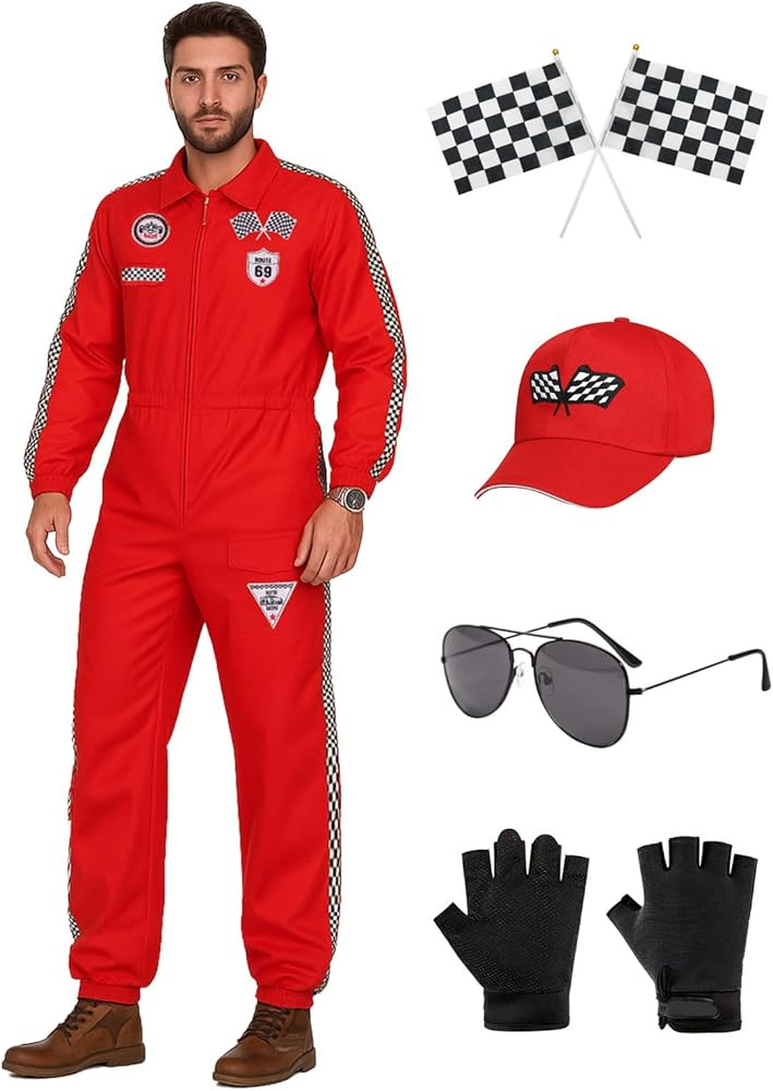 Yywsya Race Car Driver Costume Men Red Racing Costume Suit Racer Jumpsuit Hat Gloves Flags Glasse... | Amazon (US)