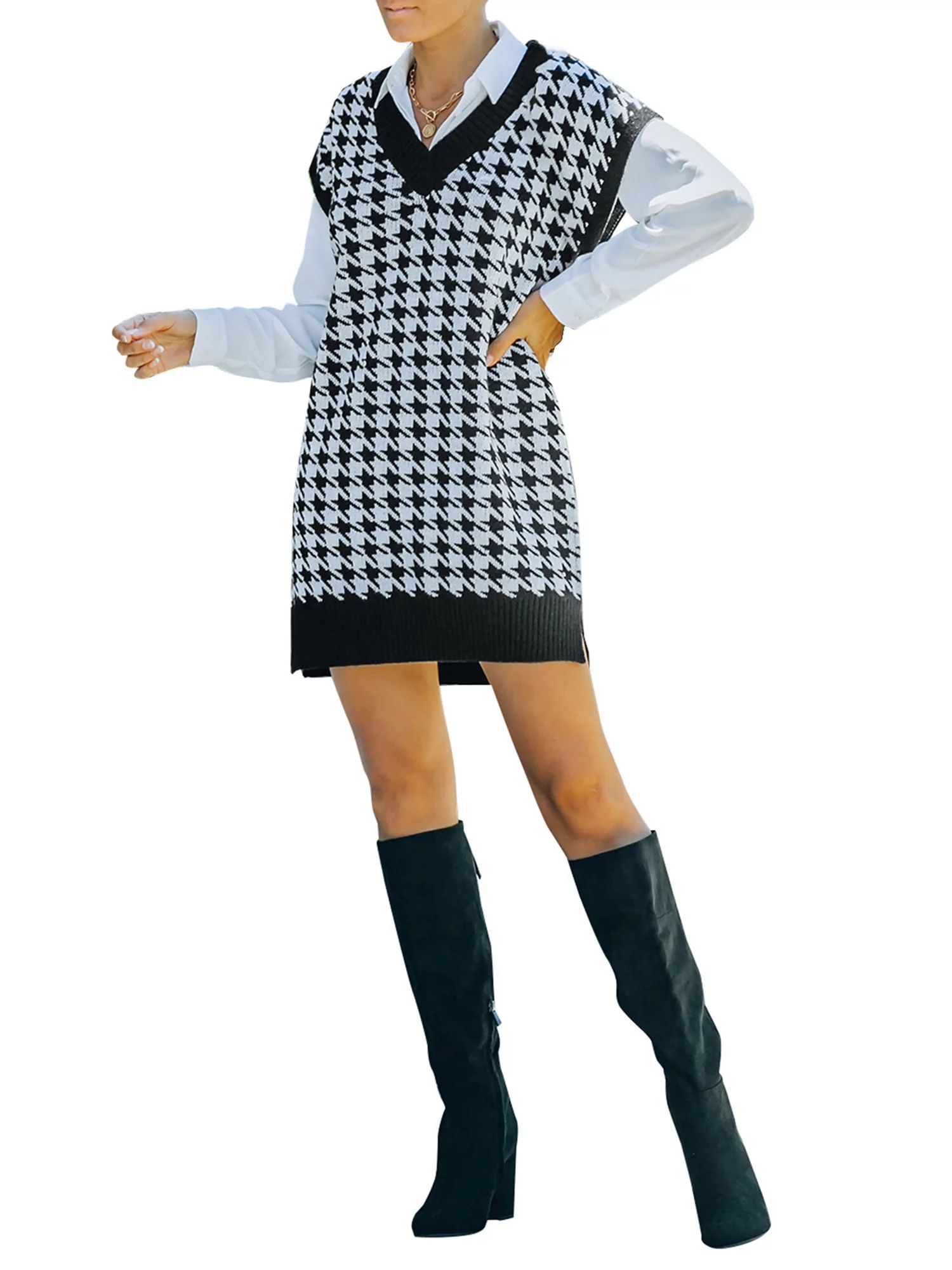 Women V Neck Sweater Vest Sleeveless Loose Houndstooth Knit Tank Tops Dress | Walmart (US)