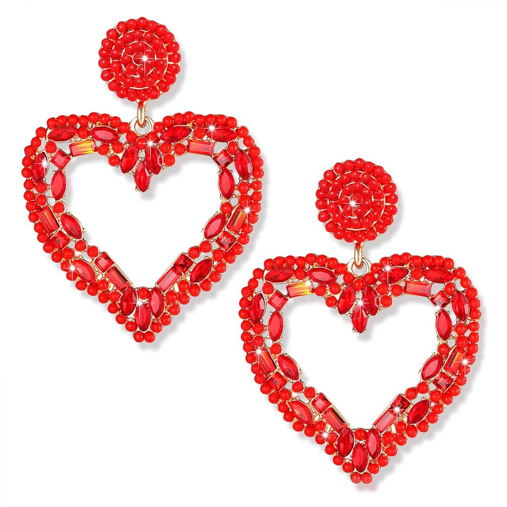 NLCAC Valentine's Day Heart Earrings Beaded Multi Stone Cluster Open Heart Drop Dangle Evening Ea... | Amazon (US)