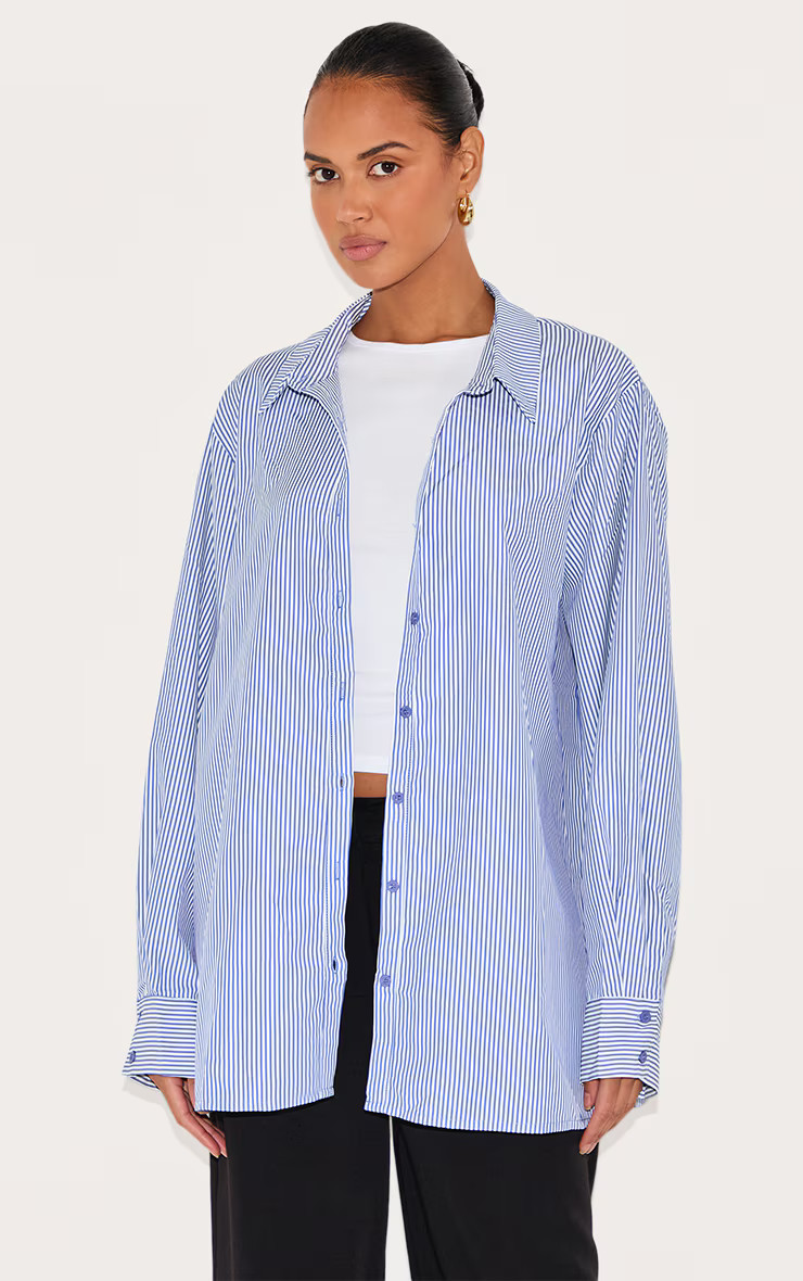 Blue Striped Oversized Cotton Shirt | PrettyLittleThing UK