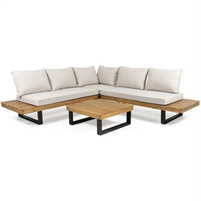 Noble House Sebastian Wood 5 Seater Sofa Sectional with Cushions Teak/Beige | Walmart (US)