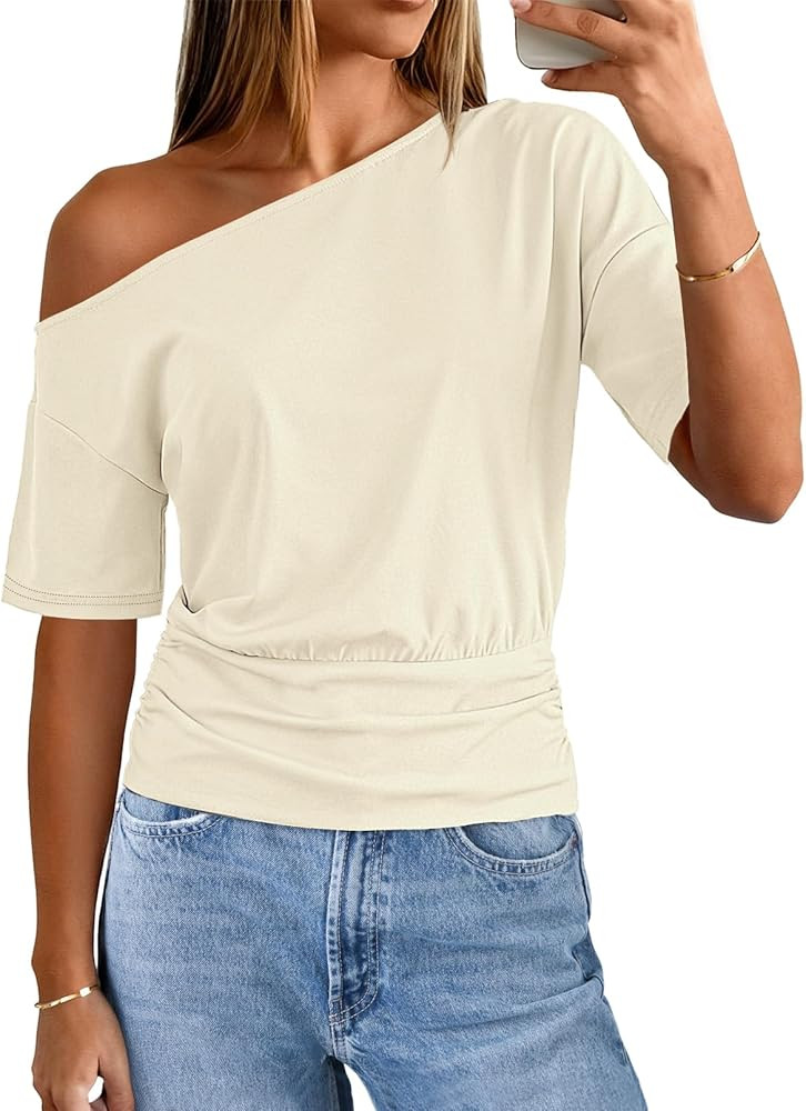 MEROKEETY Women's Off The Shoulder Short Sleeve Tops 2026 Summer Casual Going Out Trendy Y2k T Sh... | Amazon (US)