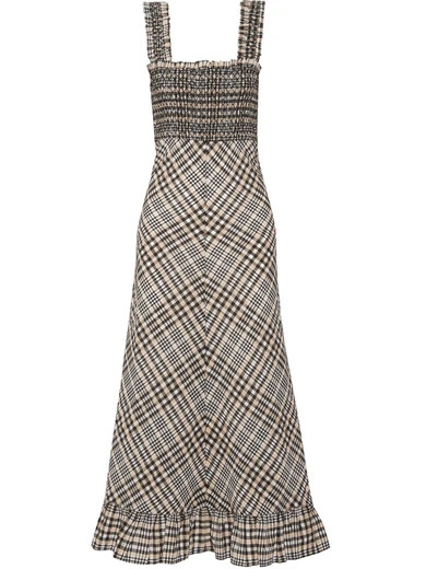 GANNI - Charron Checked Cotton-blend Seersucker Maxi Dress - Beige | NET-A-PORTER (US)