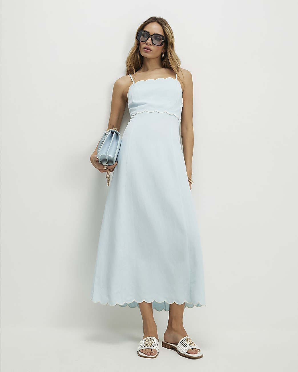 Blue Linen Blend Scallop Trim Midi Dress | River Island UK & IE
