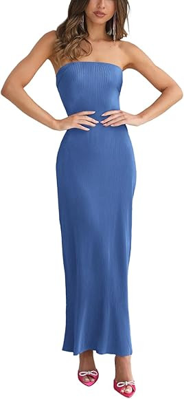 Vrtige Women's Sexy Strapless Backless Lace Up Back Ribbed Sleeveless Cocktail Midi Tube Dress | Amazon (US)