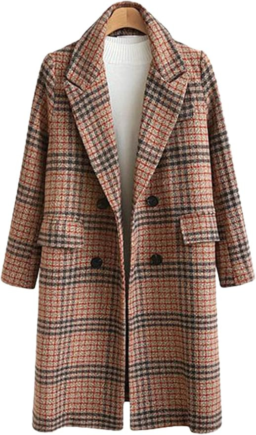 chouyatou Women's Classic Notched Collar Double Breasted Plaid Wool Blend Long Trench Coat | Amazon (US)