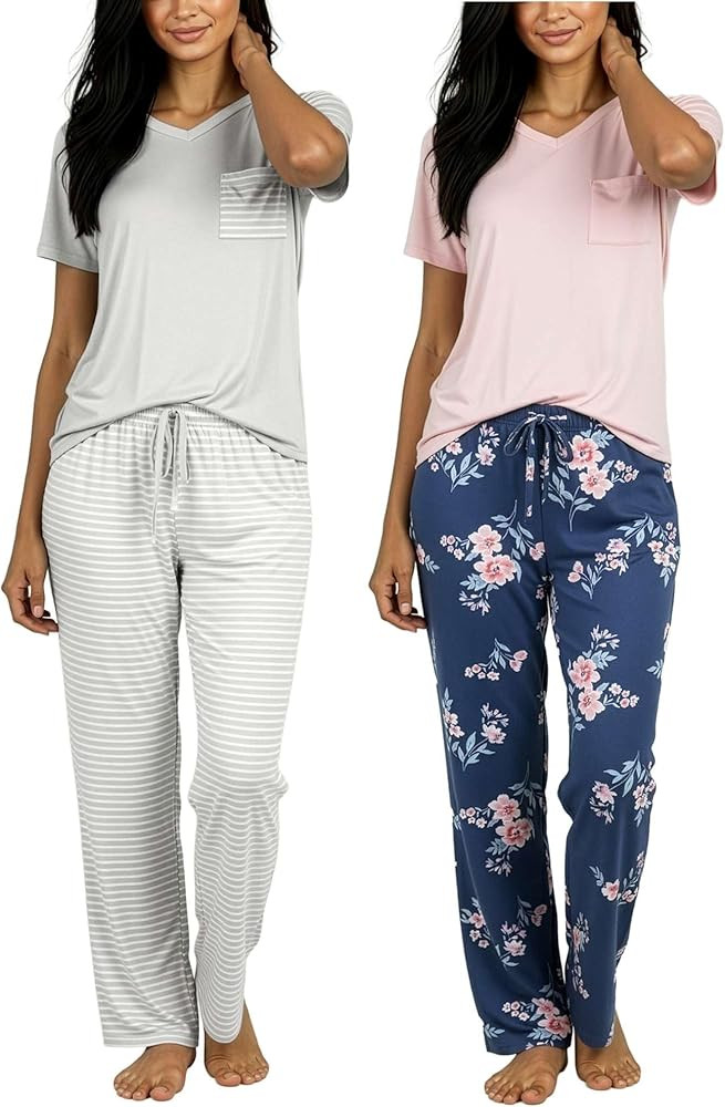 Real Essentials 2 Pack: Women's Comfy Pajama Sets - Short & Long Sleeve Ladies Loungewear Sleepwe... | Amazon (US)