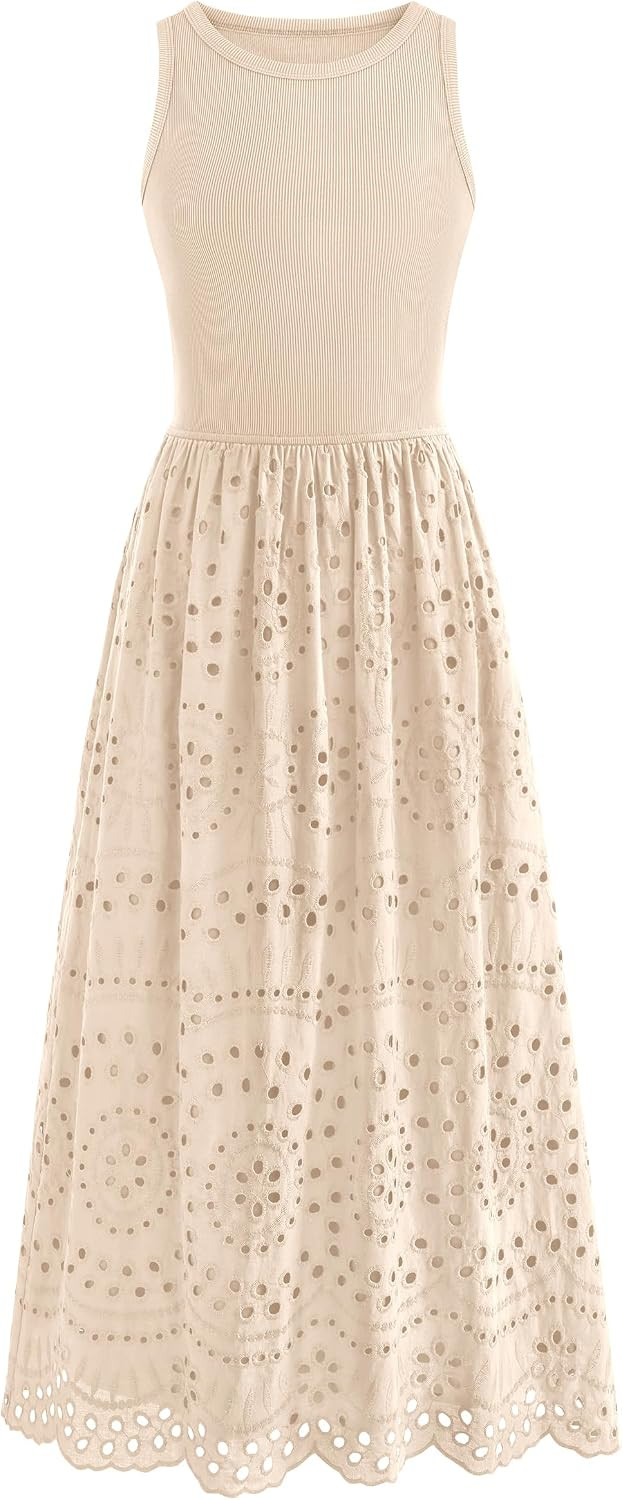 dowerme Women Sleeveless Lace Eyelet Cotton Tank Maxi Dress | Amazon (US)