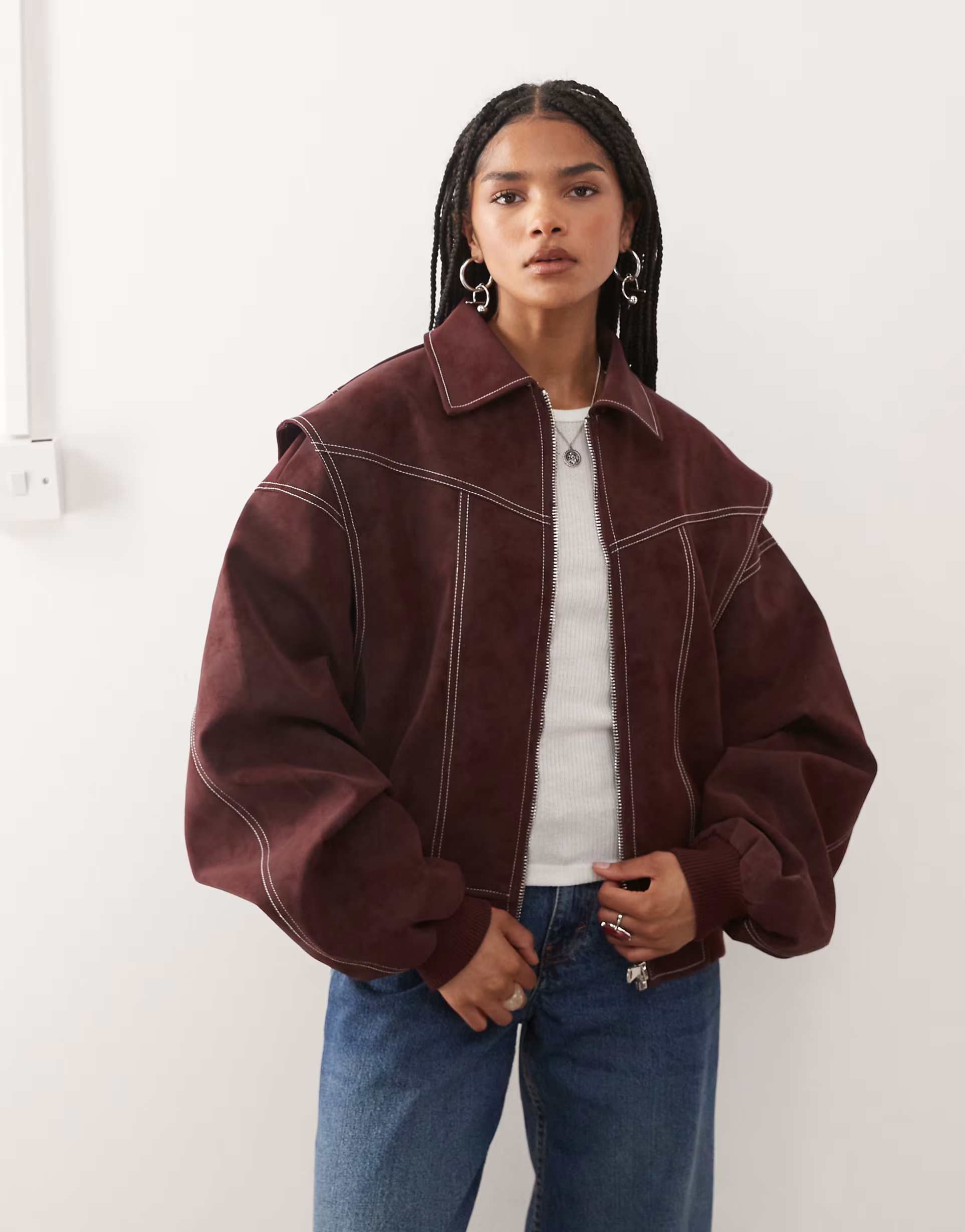 Lioness Exclusive Vista leather look contrast stitch bomber jacket in shiraz | ASOS | ASOS (Global)
