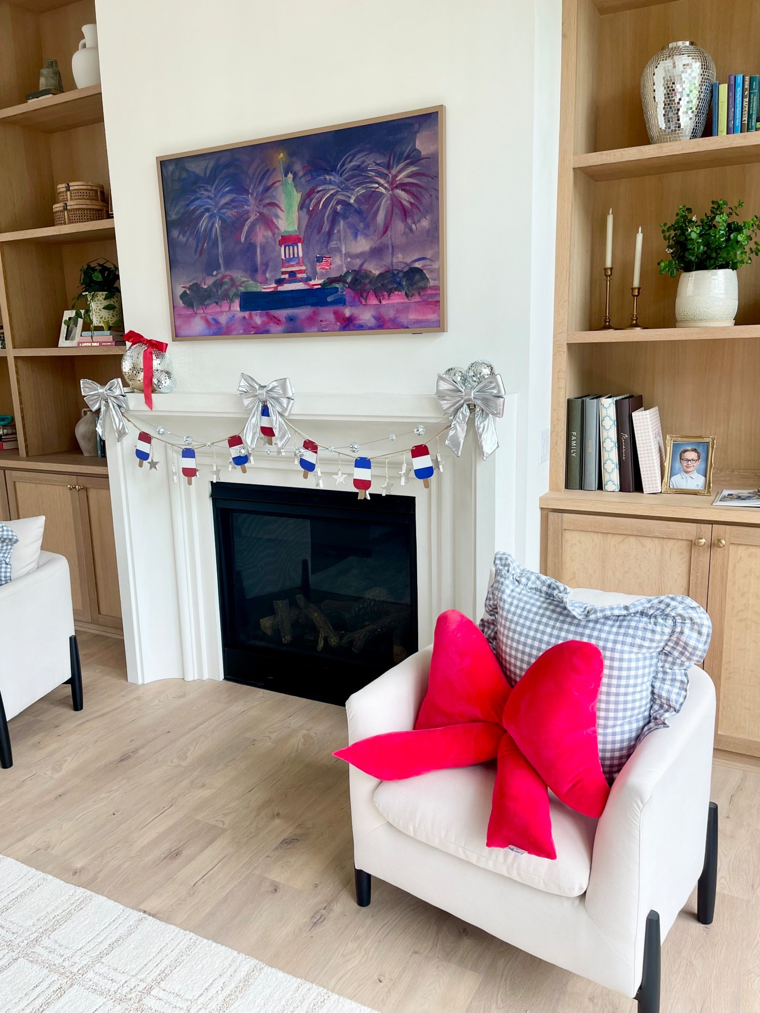 4th of July patriotic home decor! Bow throw pillows, disco balls, red, white and blue! 

#LTKSeasonal #LTKHome