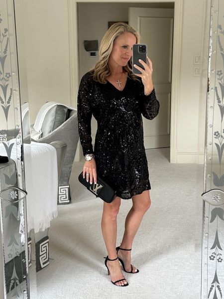 Black sequin dress for New Year’s Eve
Lilly Pulitzer sequin embroidered tool dress 
Fits TTS 
I am 5’2” and wearing an XS 

#LTKstyletip #LTKSeasonal #LTKHoliday