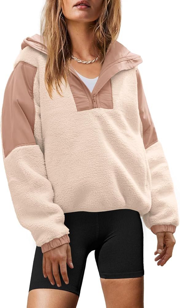 Yanekop Womens Fuzzy Fleece Hoodie Sherpa Sweatshirt Fluffy 1/4 Zip Up Pullover Outerwear with Po... | Amazon (US)