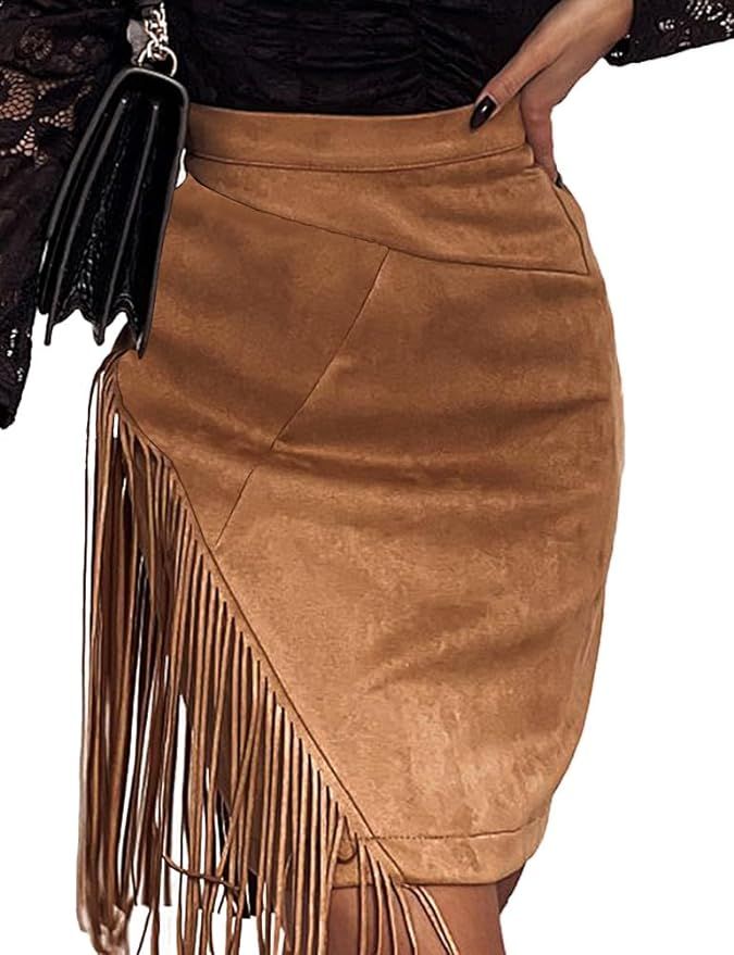 IDEALSANXUN Fringe Suede Skirt for Women High Waisted Tassel Short Mini Skirt | Amazon (US)