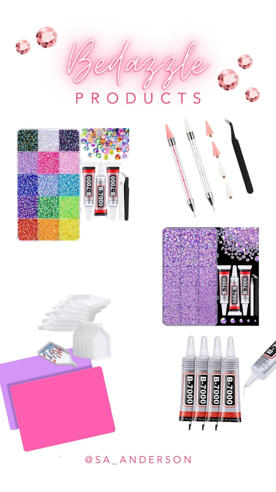 Adding all the things I use to ‘bedazzle’ everything! My favorite rhinestones, my favorite glue, tools to pick the rhinestones up, a silicone crafting mat, and some rhinestone trays. HAVE FUN!!! #crafting #artsandcrafts #rhinestone #bedazzle 

#LTKFindsUnder50 #LTKFamily #LTKParties