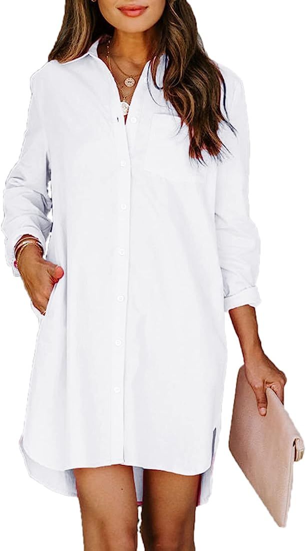 Paintcolors Women's Button Up Tunics Cotton Button Down Shirt Dresses with Pockets Solid Color Hi... | Amazon (US)