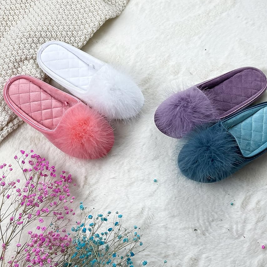 GRITHEIM Women's Fuzzy Pom Pom Feather Velvet House Slippers | Amazon (US)