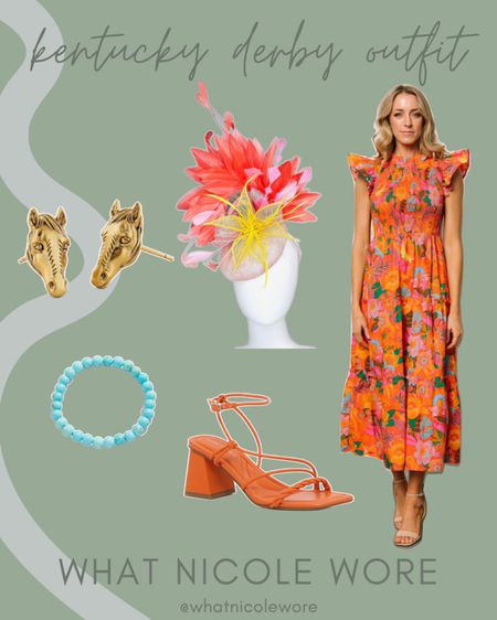 A colorful Kentucky Derby outfit that would be perfect for opening night 🧡 // orange floral dress, floral midi dress, colorful midi dress, turquoise bracelet, orange and pink fascinator, horse earrings, what to wear Kentucky derby, baublebar friends and family sale

#LTKstyletip #LTKsalealert #LTKfindsunder100