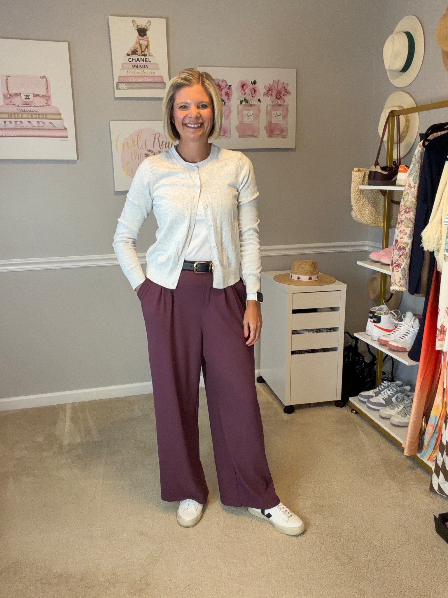 Waffle knit, elastic waist band trousers TTS
Grey fine knit cardigan TTS (go up 1 size for a looser fit)

#LTKMidsize #LTKWorkwear #LTKOver40
