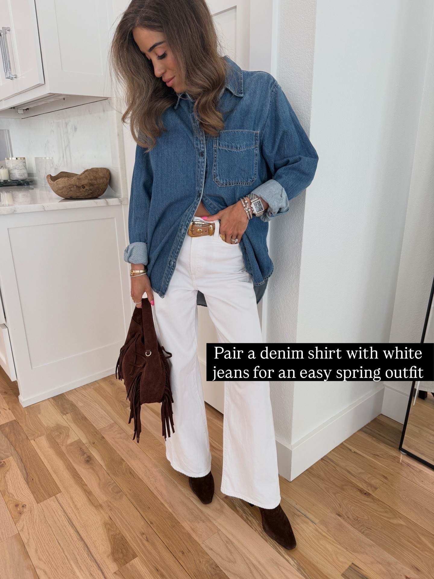 Spring outfit idea you can wear now and later. Soft denim shirt with white wide leg jeans 

#LTKPetite #LTKootd