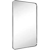 ATHETOP Contemporary Brushed Metal Wall Mirror | Brushed Silver Framed Rounded Corner Design | Ha... | Amazon (US)