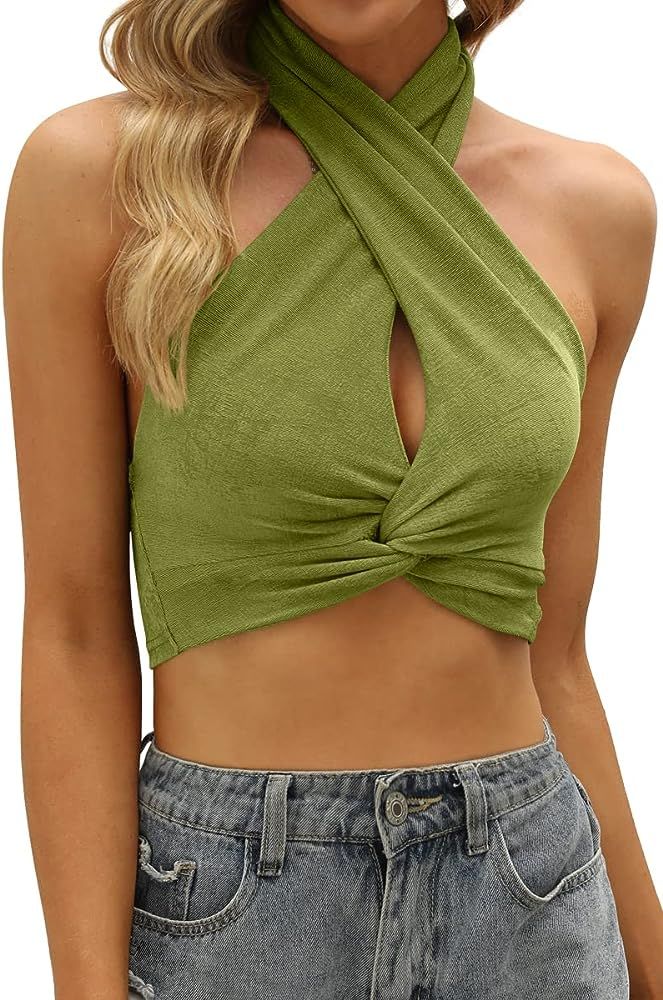 Women Going Out Criss Cross Party Sexy Wrap Halter Neck Cute Crop Top | Amazon (US)