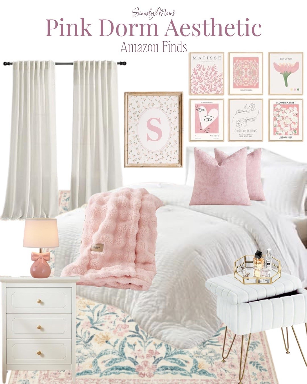 Pink dorm room aesthetic with Amazon dorm finds. White dorm bedding, pink throw blanket, velvet accent pillows, floral area rug, framed wall art, blackout curtains, bedside table, bow lamp, vanity tray, and feminine dorm decor ideas for college students.

#LTKU #LTKHome #LTKSeasonal