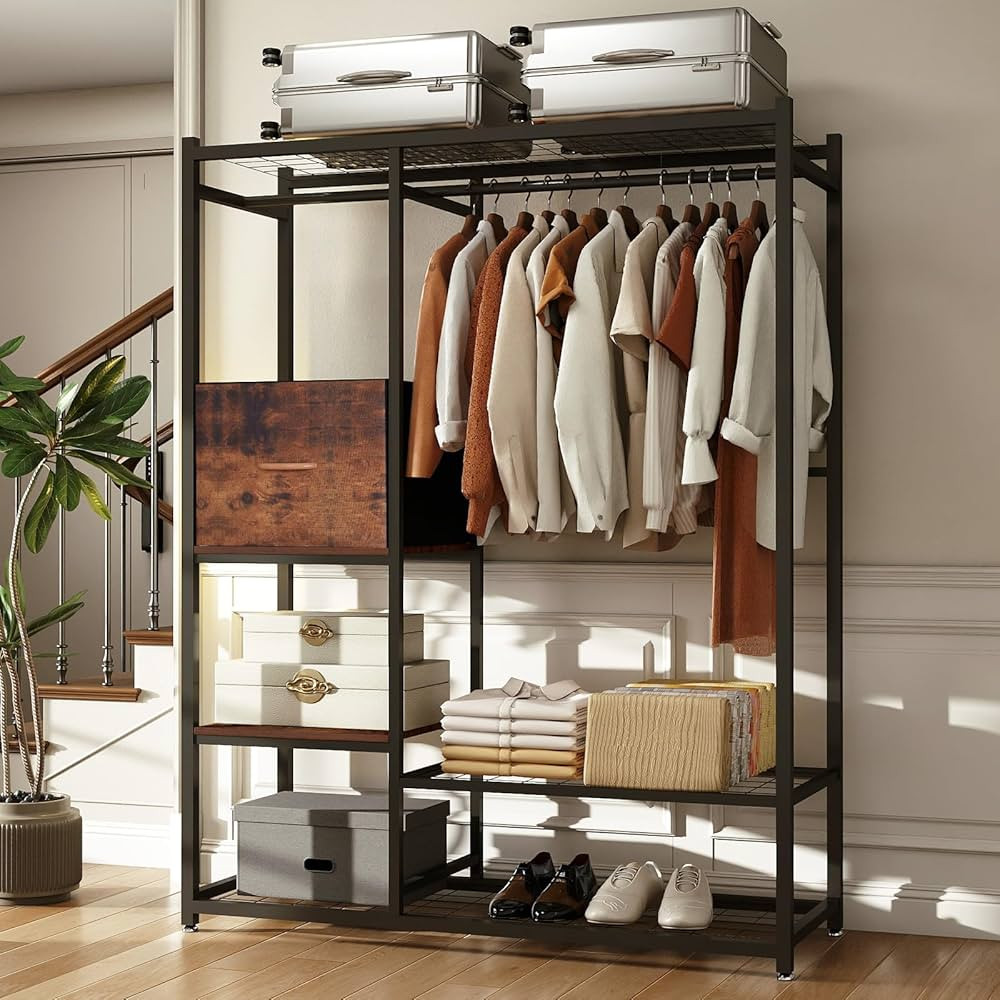 Heavy Duty Clothes Rack with 4 Shelves & Drawer, 550 lbs 48" Freestanding Wardrobe Closet Organiz... | Amazon (US)