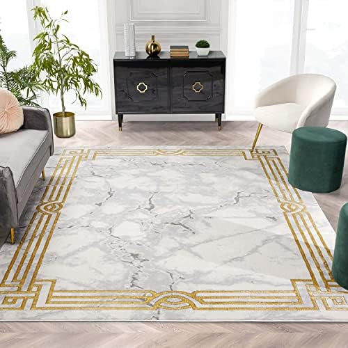 Well Woven Lezlee Ivory & Gold Retro Border Marble Pattern Rug 8x10 (7'10" x 9'10") | Amazon (US)