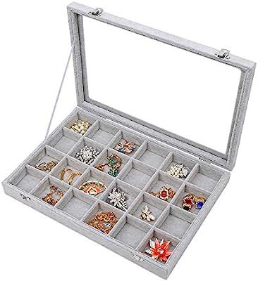 Stylifing Clear Lid Velvet 24 Grid Jewelry Tray Transparent Jewelry Display Showcase Lockable Fel... | Amazon (US)