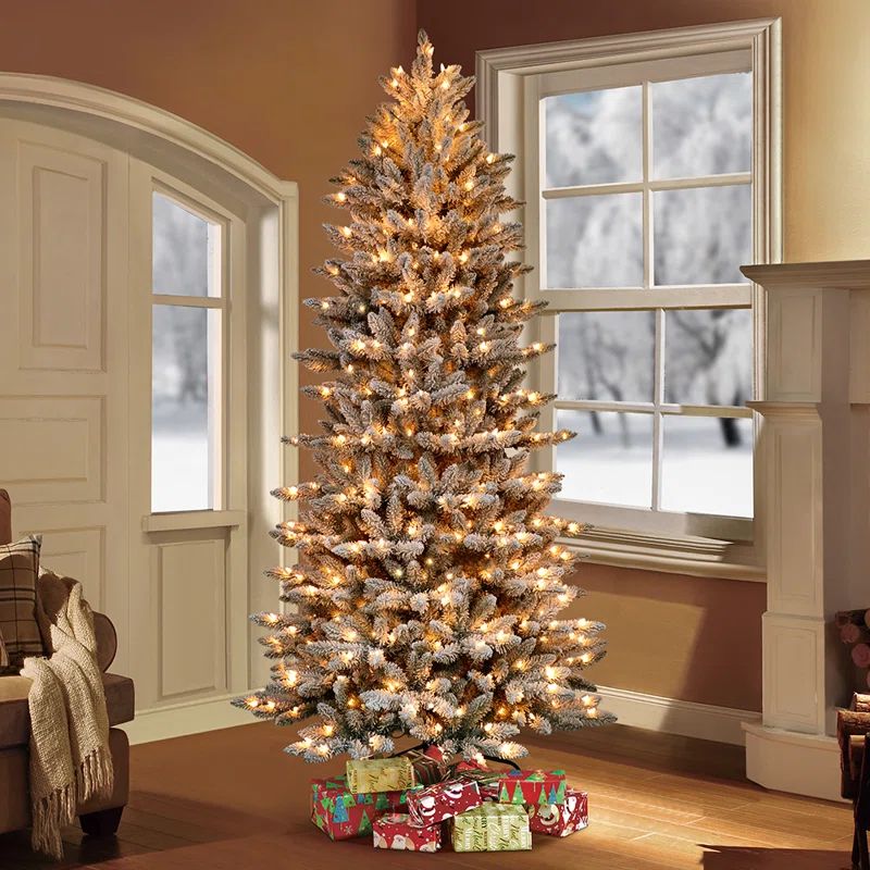 Pre-Lit Flocked Slim Fraser Fir Artificial Christmas Tree | Wayfair North America