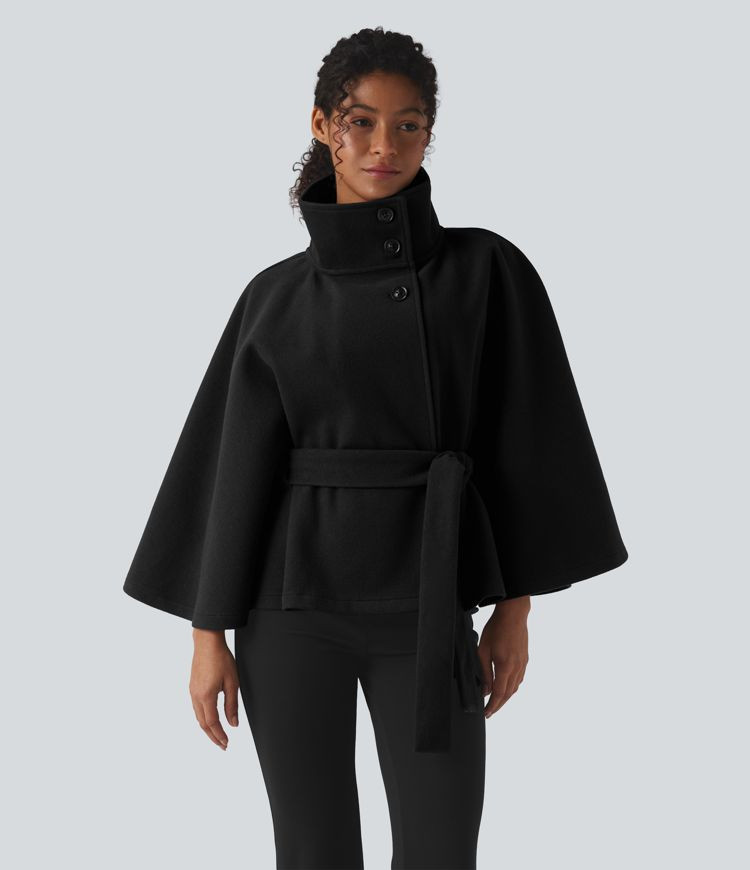 Women’s High-neck Long Sleeve Belted Work Cape Coat - Halara | HALARA