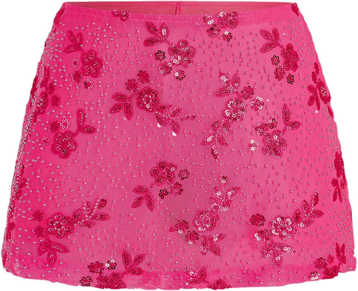 Women's Sequin Skirt Sparkly Low Rise Mini Skort Y2K Beaded Rhinestone Skirt Summer | Amazon (US)