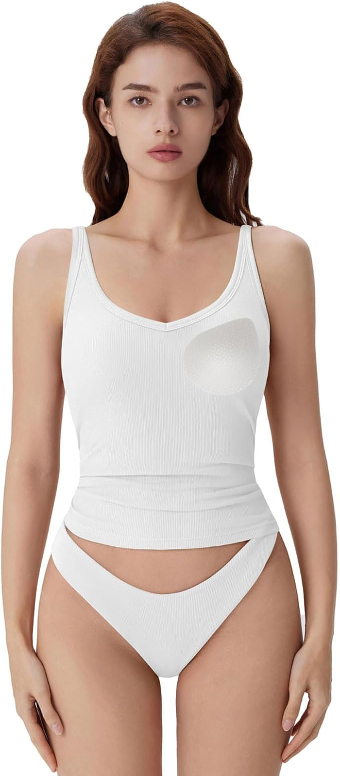 SUUKSESS Women Padded Cotton Ribbed V Neck Tank Top Summer Basic Going Out Tops | Amazon (US)