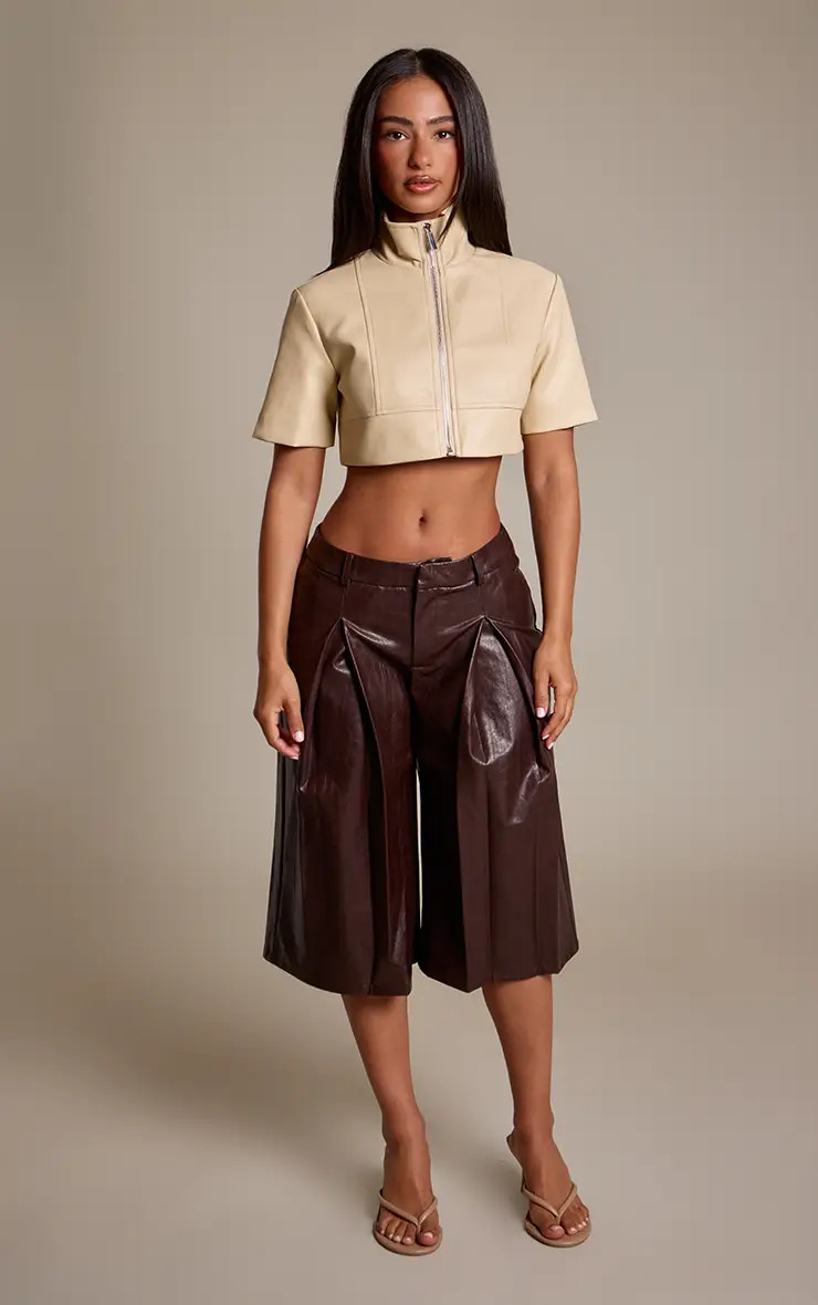 Petite  Pleat Front Wide Leg Faux Leather Jorts | boohoo (US & Canada)