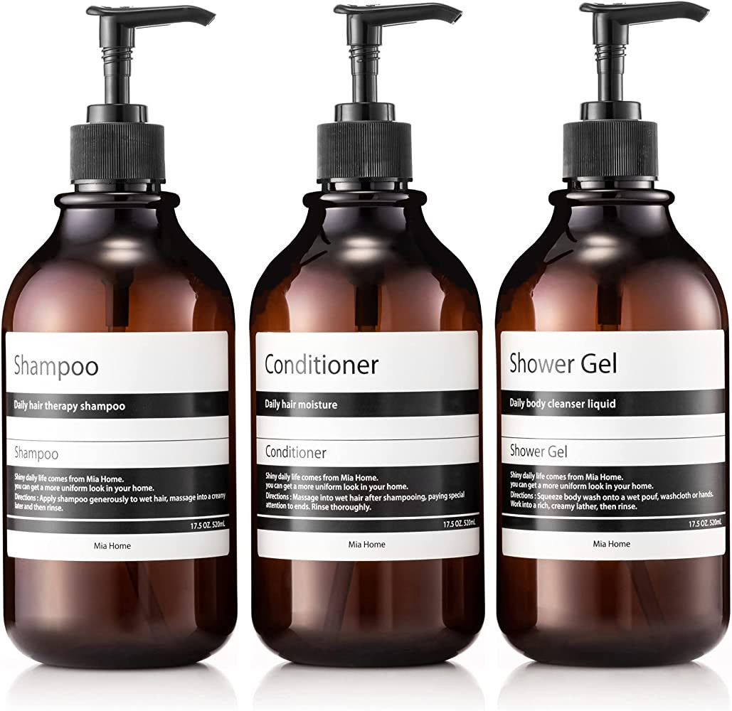 Mia home - 17.5 oz Refillable Empty Amber PET Plastic Bottle Set - 3 Bottles only with labels, Sh... | Amazon (US)