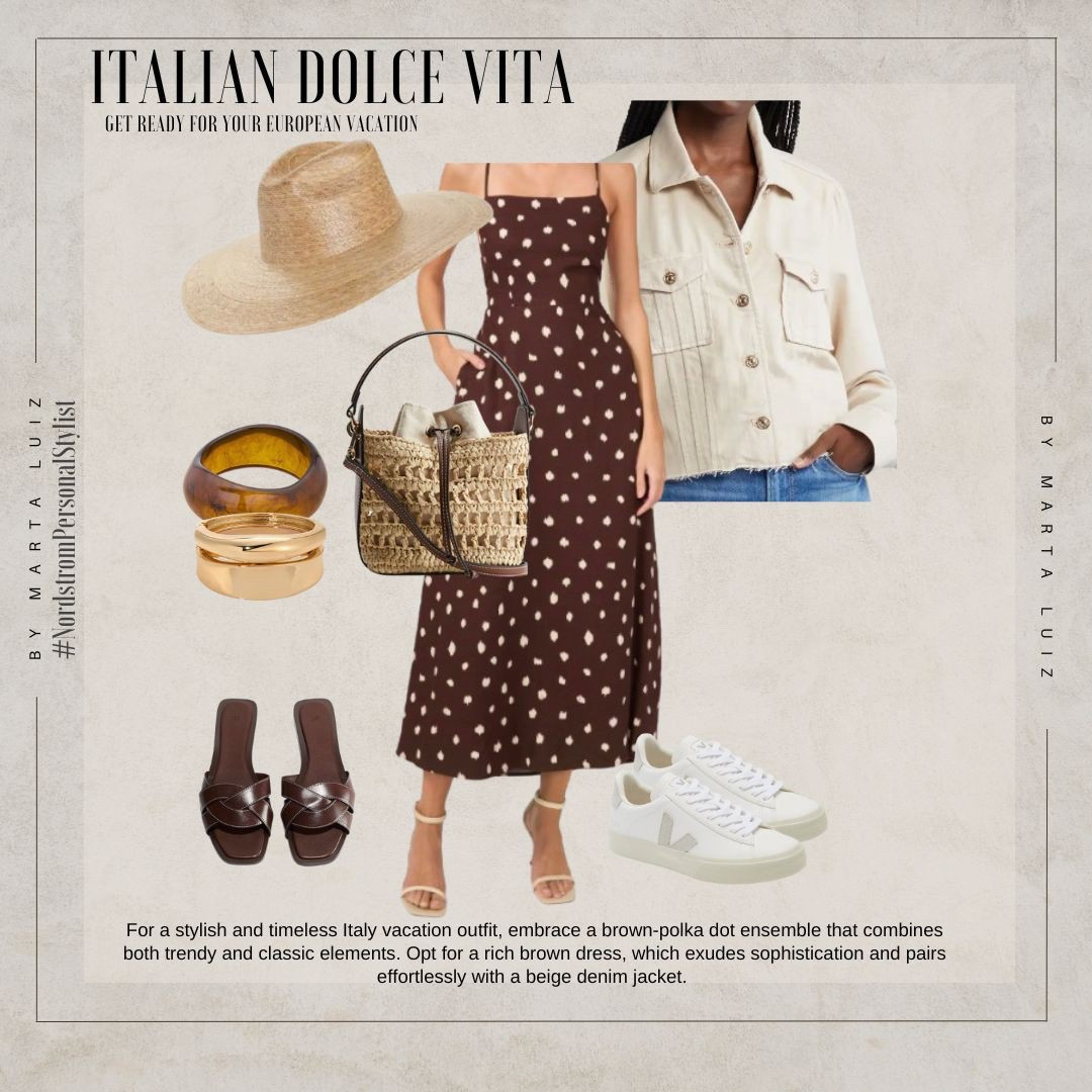 Nordstrom Limited Time Sale 

Italian Dolce Vita Outfit idea |  Get Ready for Your European Vacation

For a stylish and timeless Italy vacation outfit, embrace a brown-polka dot ensemble that combines both trendy and classic elements. Opt for a rich brown dress, which exudes sophistication and pairs effortlessly with a beige denim jacket. 

