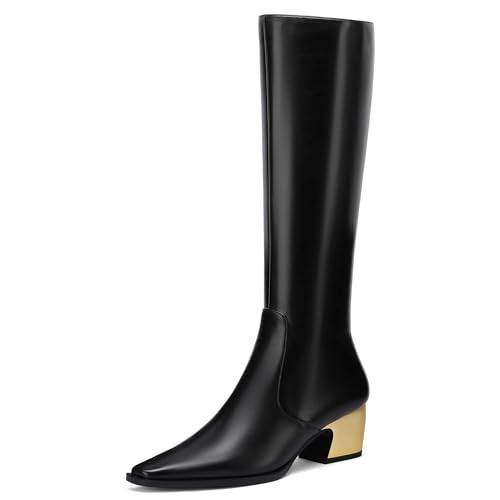 FancyQueen Black Knee High Boots for Women Low Heel Wide Calf Gold Chunky Heel Elegant Dress Boots Size 7.5 | Amazon (US)